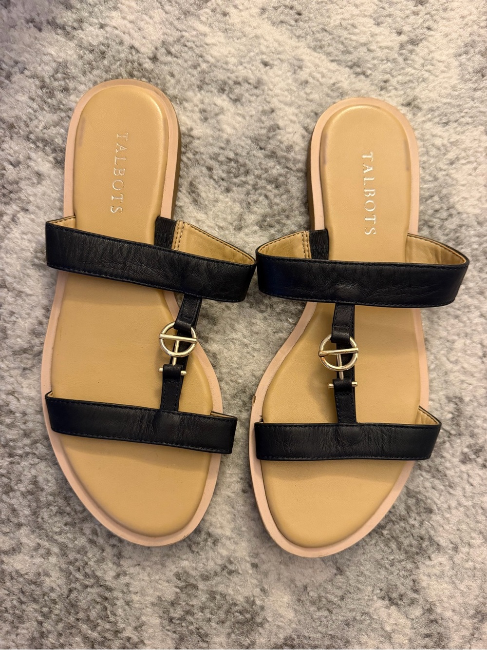 Talbots Black Leather Double-Strap Slide Sandals with Gold Accent